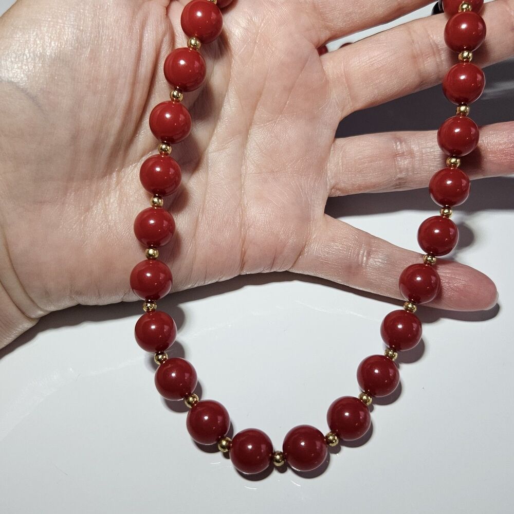 Vintage Monet Red Bead 18" Necklace w/ Gold Tone Beads Costume Jewelry